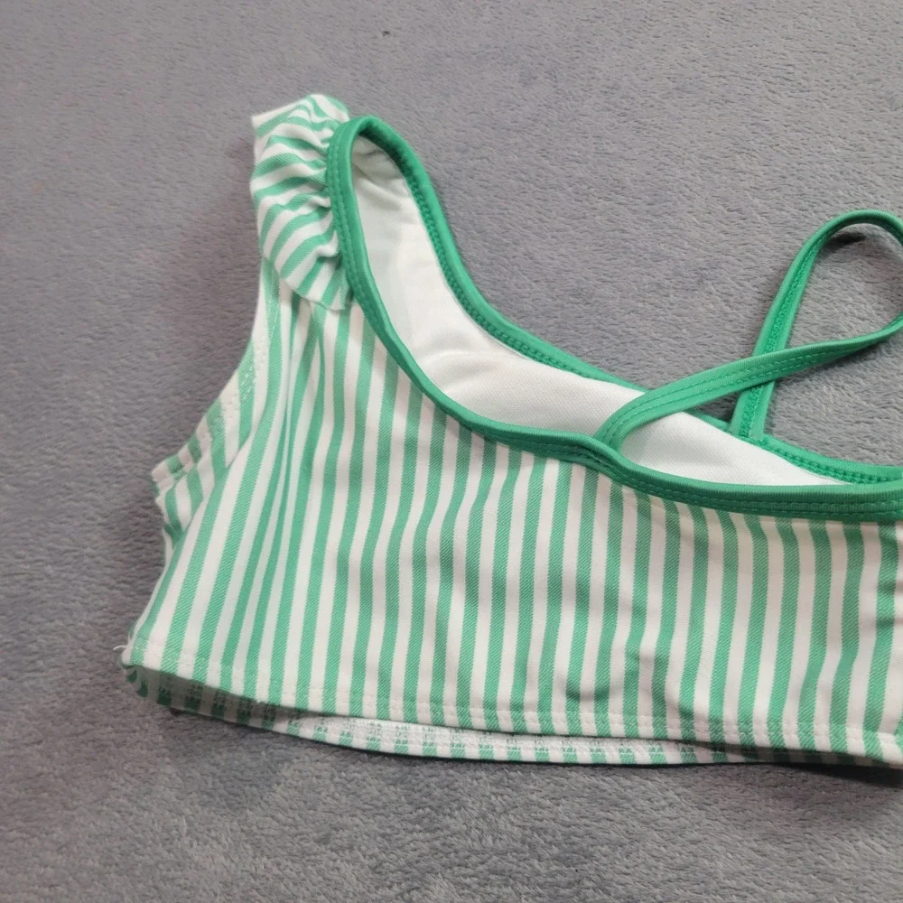 Crown & Ivy Swim Tops Girls Size 5 Pink Green Paisley Striped‎ One Shoulder 2pc